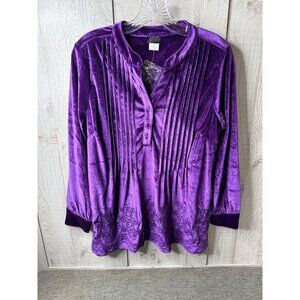 Salon Studio Purple Velvet Long Sleeve Pleated Tunic Blouse Small